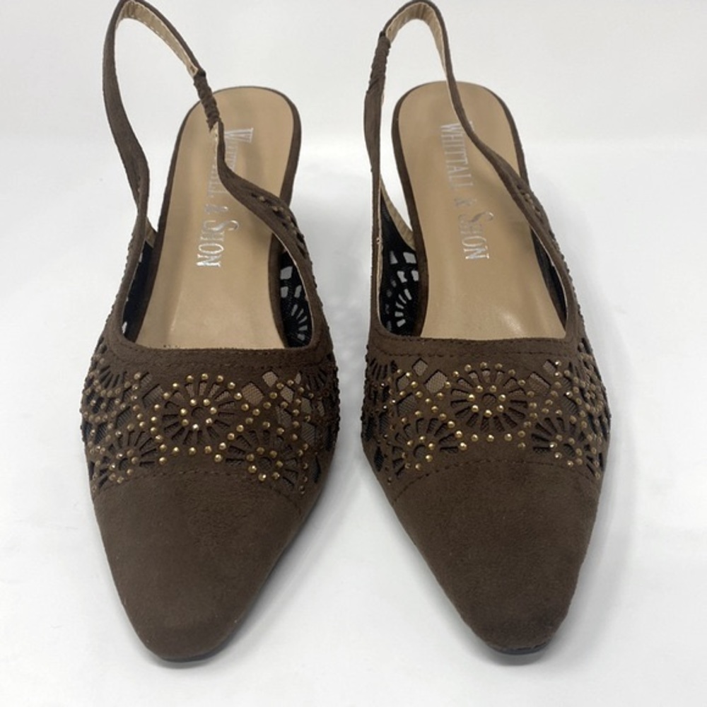 WHITTALL & SHON Mocha Pointed Toe Slingback Beaded Heel Shoe Suede Mesh Sz10 NEW